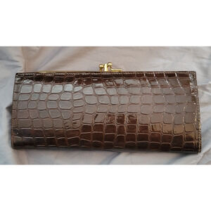 Vintage Baronet Brown Leather Kiss Lock Clutch Change Purse Wallet